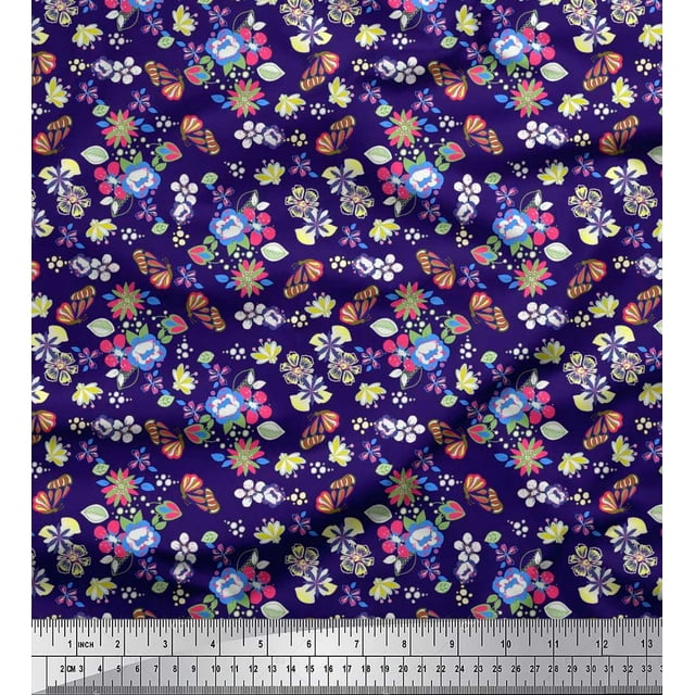 Soimoi Blue Cotton Duck Fabric Leaves,Insect & Floral Artistic Decor Fabric Printed BTY 56 Inch Wide