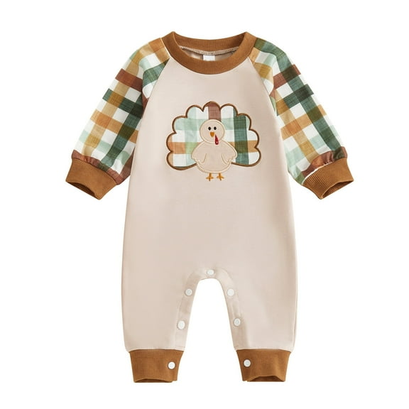 Infant Boys Thanksgiving Turkey Applique Jumpsuit Plaid Color Long Sleeve Romper Outfit Sets