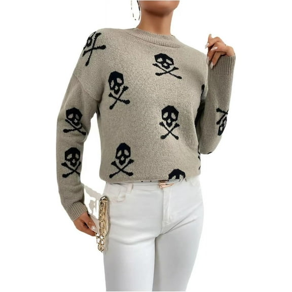 Skull Sweaters for Women YK2 Hollow Knit Sweater Long Sleeve Crochet Halloween Skull Sweaters T-Shirts(A)