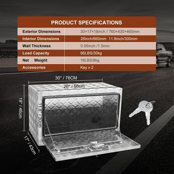 KFFKFF Underbody Aluminum Truck Tool Box 30" x 17" x 18" Trailer RV Tool Storage