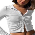 thumbnail image 3 of PENGXIANG Blouse Ajustée pour Femmes Couleur Unie Col Rabattu Manches Longues Crop Tops, 3 of 3