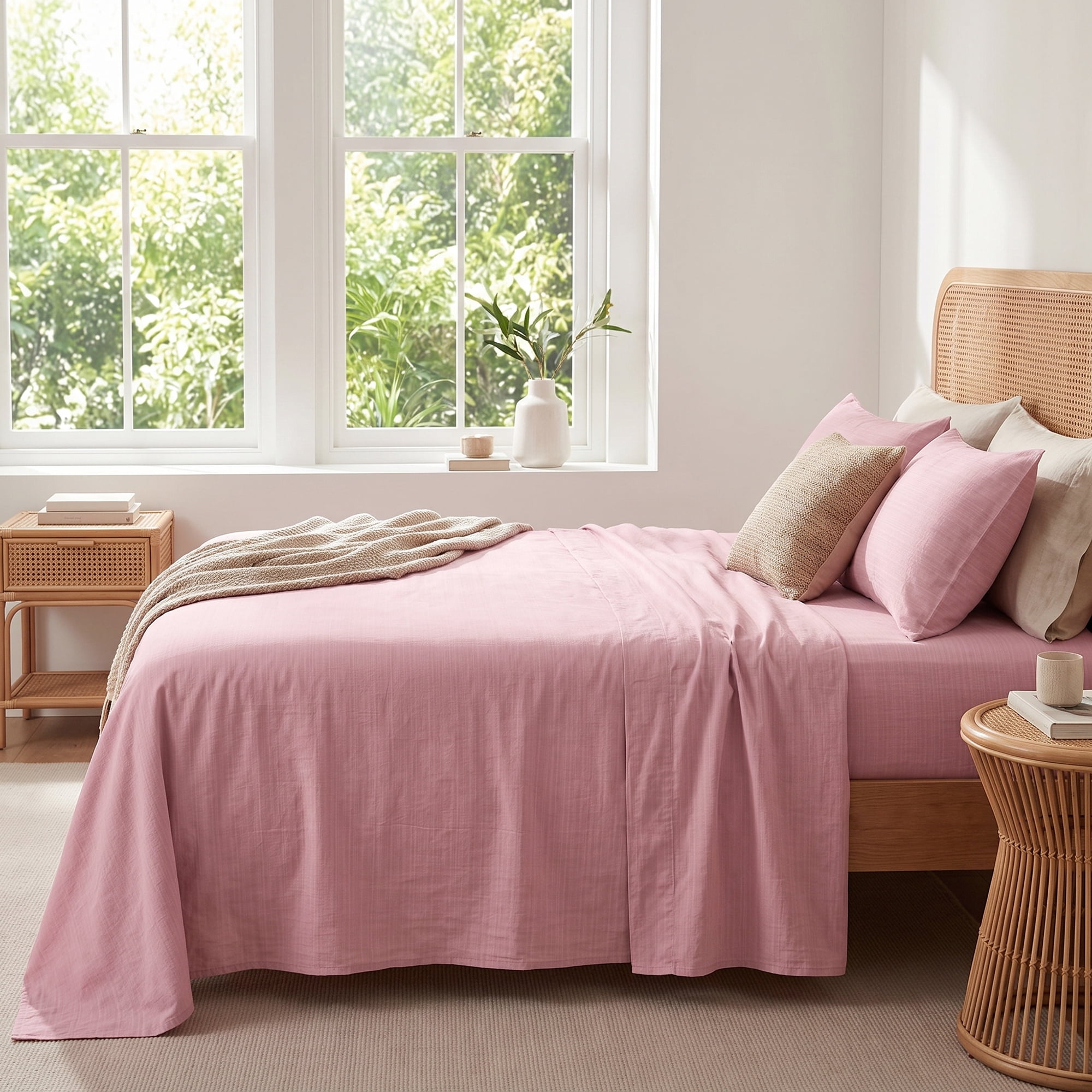 Unique Bargains Double Gauze Bed Sheet Flat Sheet Wrinkle Textured Bedding Pink 63"x91"