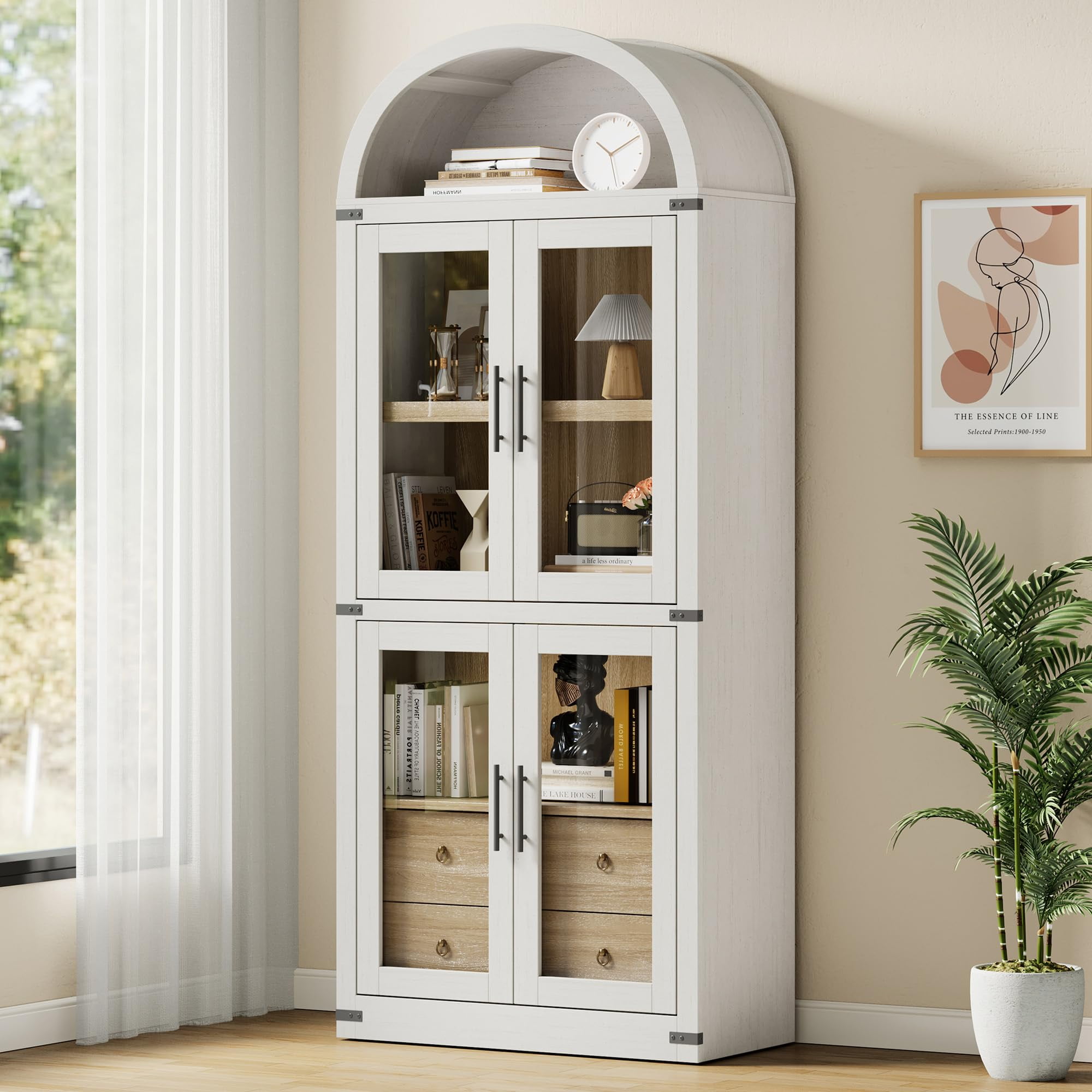 Danolapsi 71.4in Tall Arched Pantry Cabinet,Wood Bookcase with 2 Drawers,Kitchen Pantry Cabinet with Glass Door,Modern Farmhouse Display Cabinet Kitchen Cupboard for Kitchen,Dining Room,Bathroom