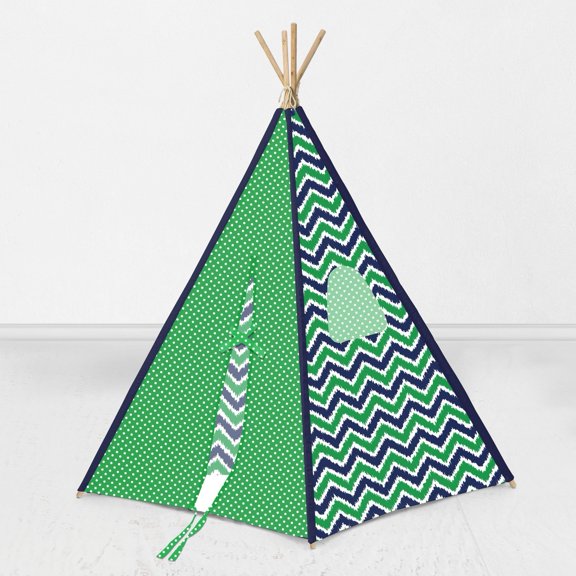 Bacati Mix N Match Ikat Chevron/Dots, Navy/Green Teepee Tent for Kids/Toddlers, 100% Cotton Breathable Percale Fabric Cover