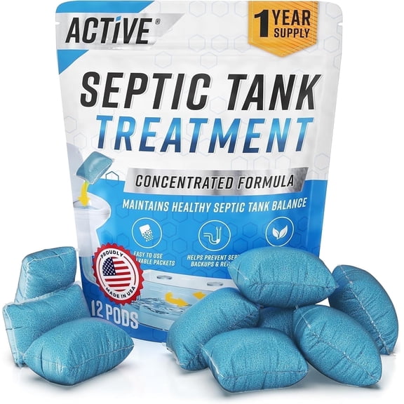 Active Septic Tank System Treatment Pods, 12 Dissolving Pacs with Enzyme-Producing Live Bacteria Solution, 1 Year Supply