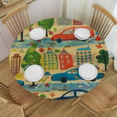 

BCIIG Cars Trees Cityscape Round Table Cover Stain Resistant Washable for Indoor Outdoor Kitchen Dining Wedding Parties Tablecloth 100% Polyester Fiber 38 -42