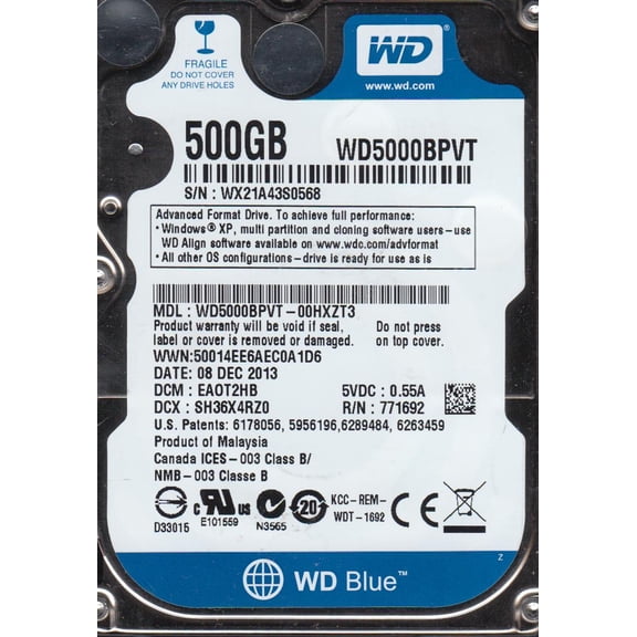 WD5000BPVT-00HXZT3, DCM EAOT2HB, Western Digital 500GB SATA 2.5 Hard Drive