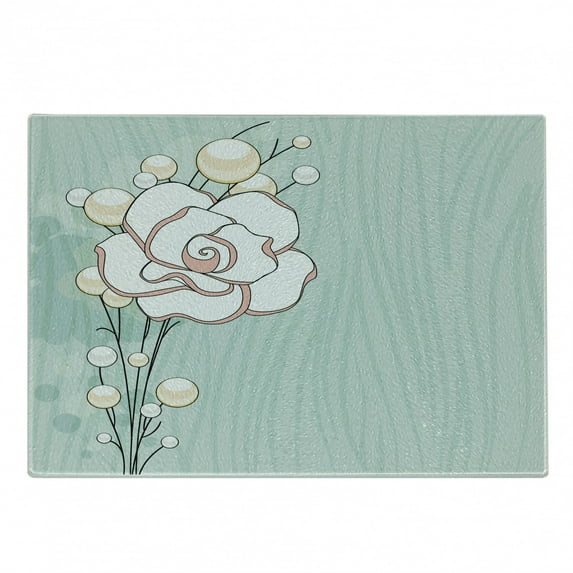Flower Cutting Board, Romantic Rose Sign of Eternal Love with Pearls the Purity Print, Decorative Tempered Glass Cutting and Serving Board, Small Size, Pale Blue White Pink, by Ambesonne