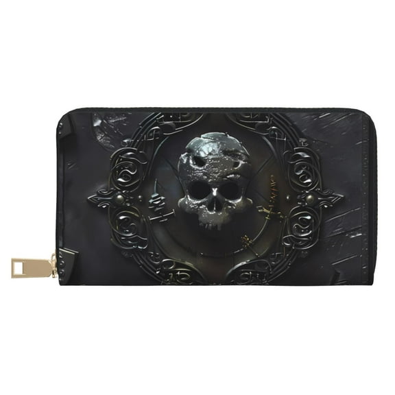 Leather Thin Slim Wallets for Women Men - Ornate Dark Skull Book Clutch Card Wallet for Women Men with Zipper