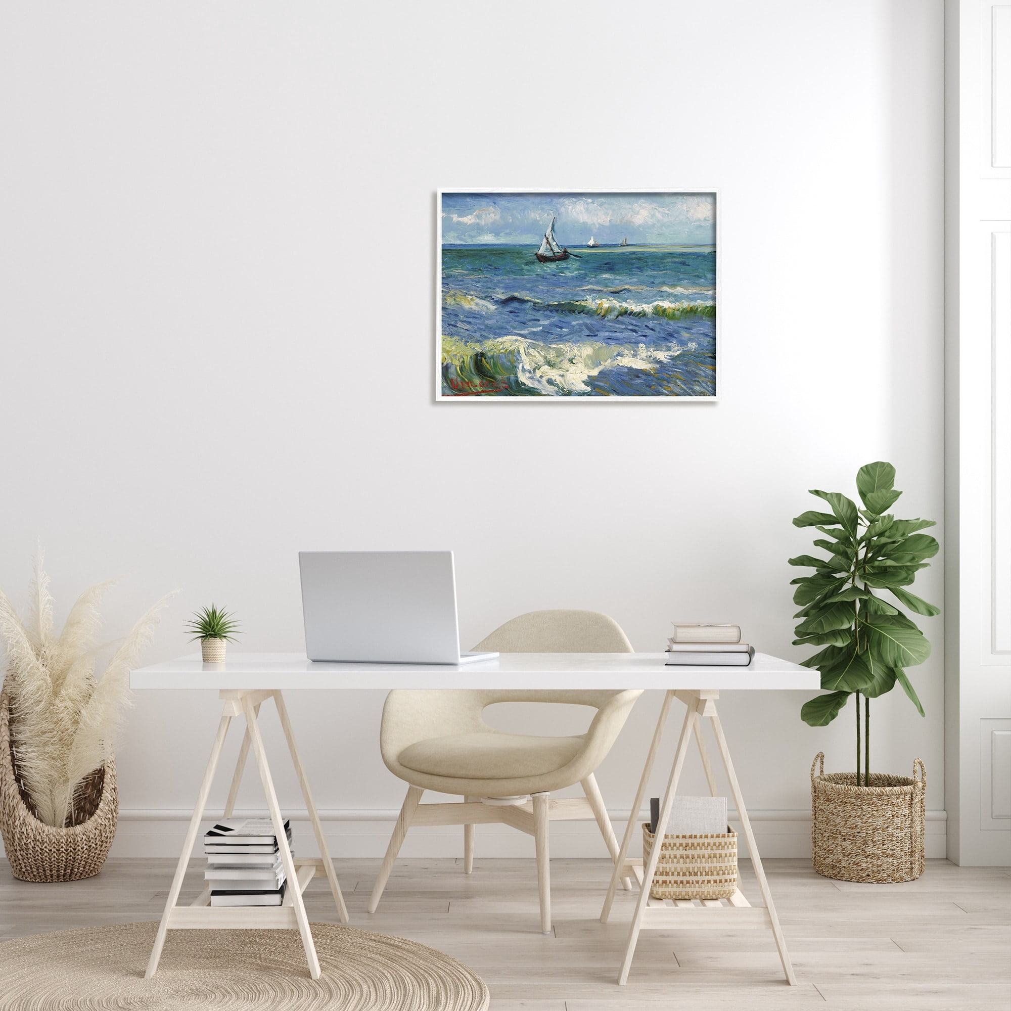 Stupell Industries The Sea at Les Saintes-Maries-de-la-Mer Vincent van Gogh Painting Painting White Framed Art Print Wall Art, Design by one1000paintings