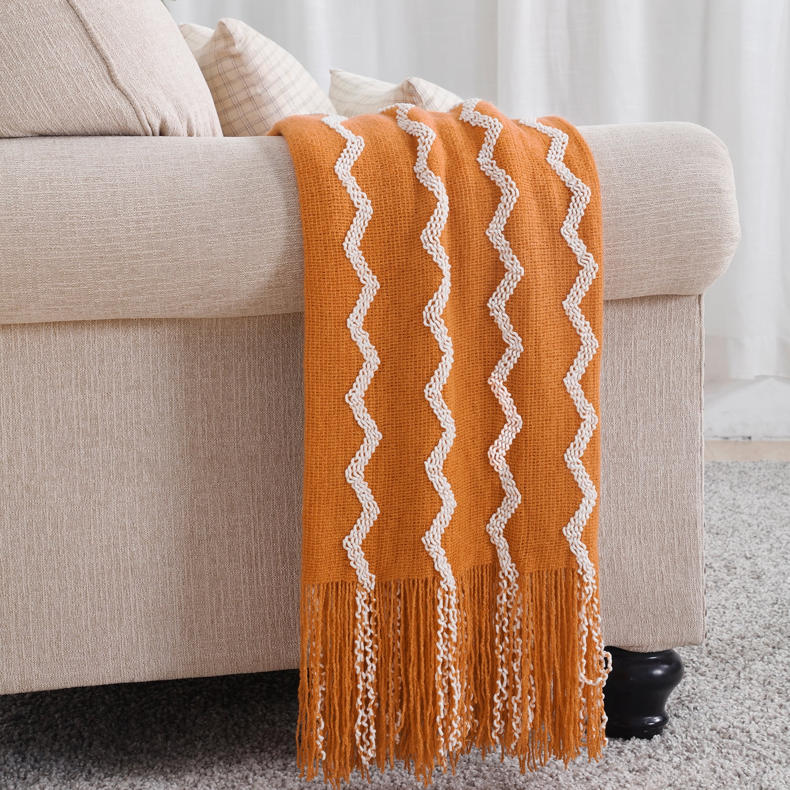 Bourina Fluffy Chenille Knitted Throw Blanket 50" x 60"- Cozy for Sofa, Chair, Orange, Adult
