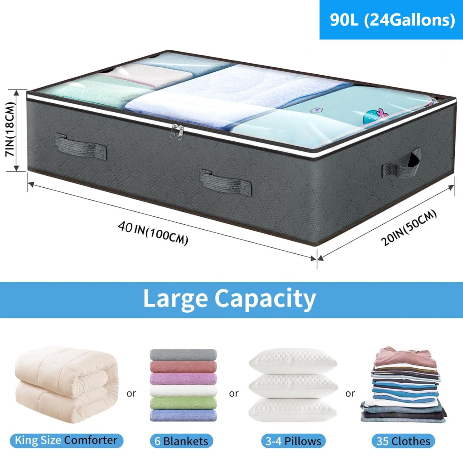 Behome 90L Under Bed Storage Containers, 4 Pack Closet Organizers and Under Bed Storage Bins, Foldable Underbed Storage Bags with Handles for Comforter, Blanket, Towels, Clothes, Gray