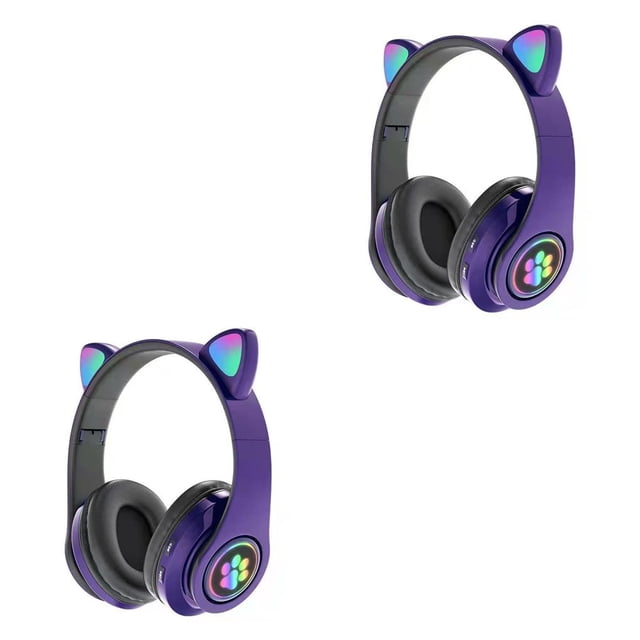 Seitruly Auriculares inalámbricos con orejas de gato y luz de Flash, auriculares inalámbricos con micrófono que pueden controlar LED, casco de música Violeta 2piezas