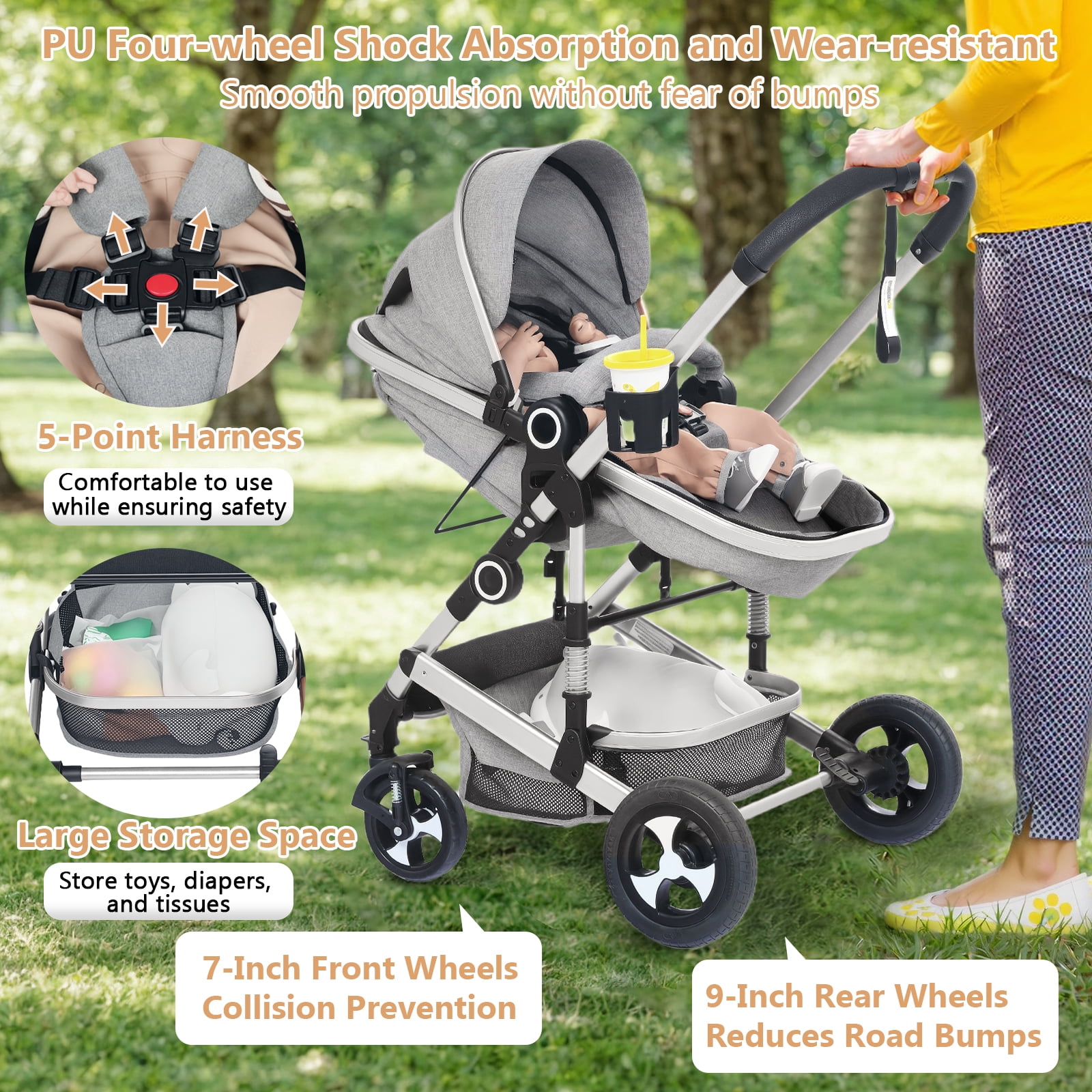 LINLUX 2 in 1 Baby Stroller w/ Diaper Bag & Big Wheel, Infant Pushchair, 23 Pounds, Grey