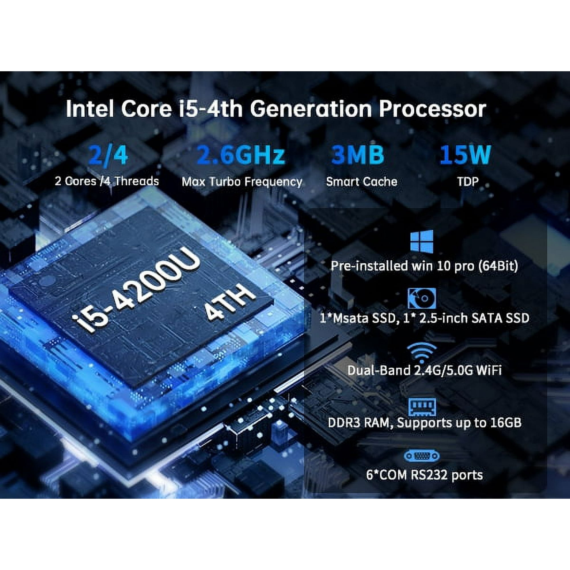 Kinupute Industrial Mini Computer, Fanless Desktop PC Core i5-4200U 1.6-2.6GHz, Windows 10 Pro, 16G RAM, 256G SSD, 2xNICs, 6xCOM RS232, 4xUSB 3.0, HDMI/VGA Ports, Auto Power On, Full Metal Case
