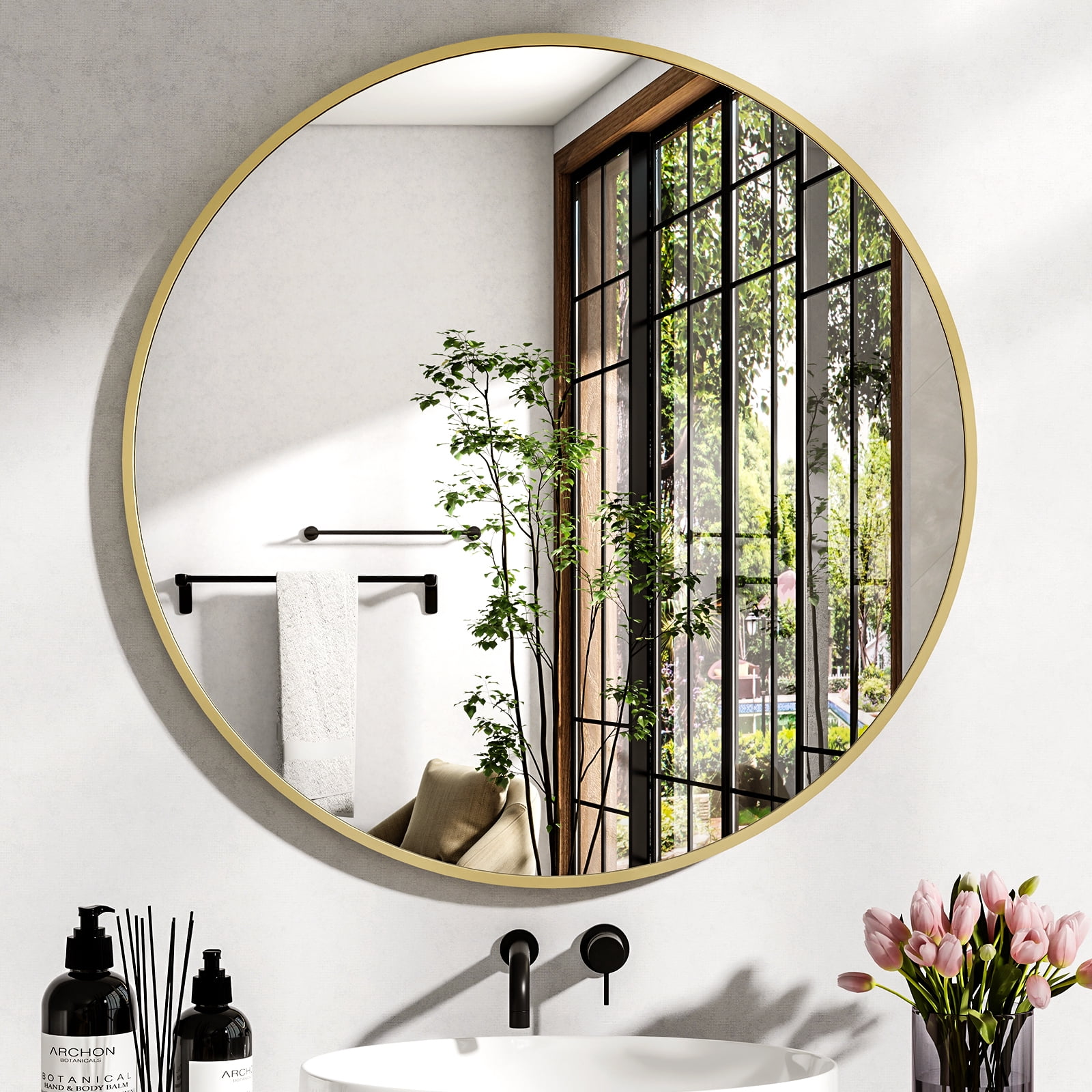 Lumora 24" Round Bathroom Mirror Wall Mirror Metal Frame Circle Mirror, Gold