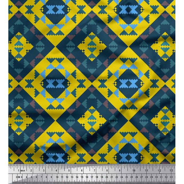 Soimoi Yellow Georgette Viscose Fabric Check & Geometric Printed Fabric 1 Yard 42 Inch Wide