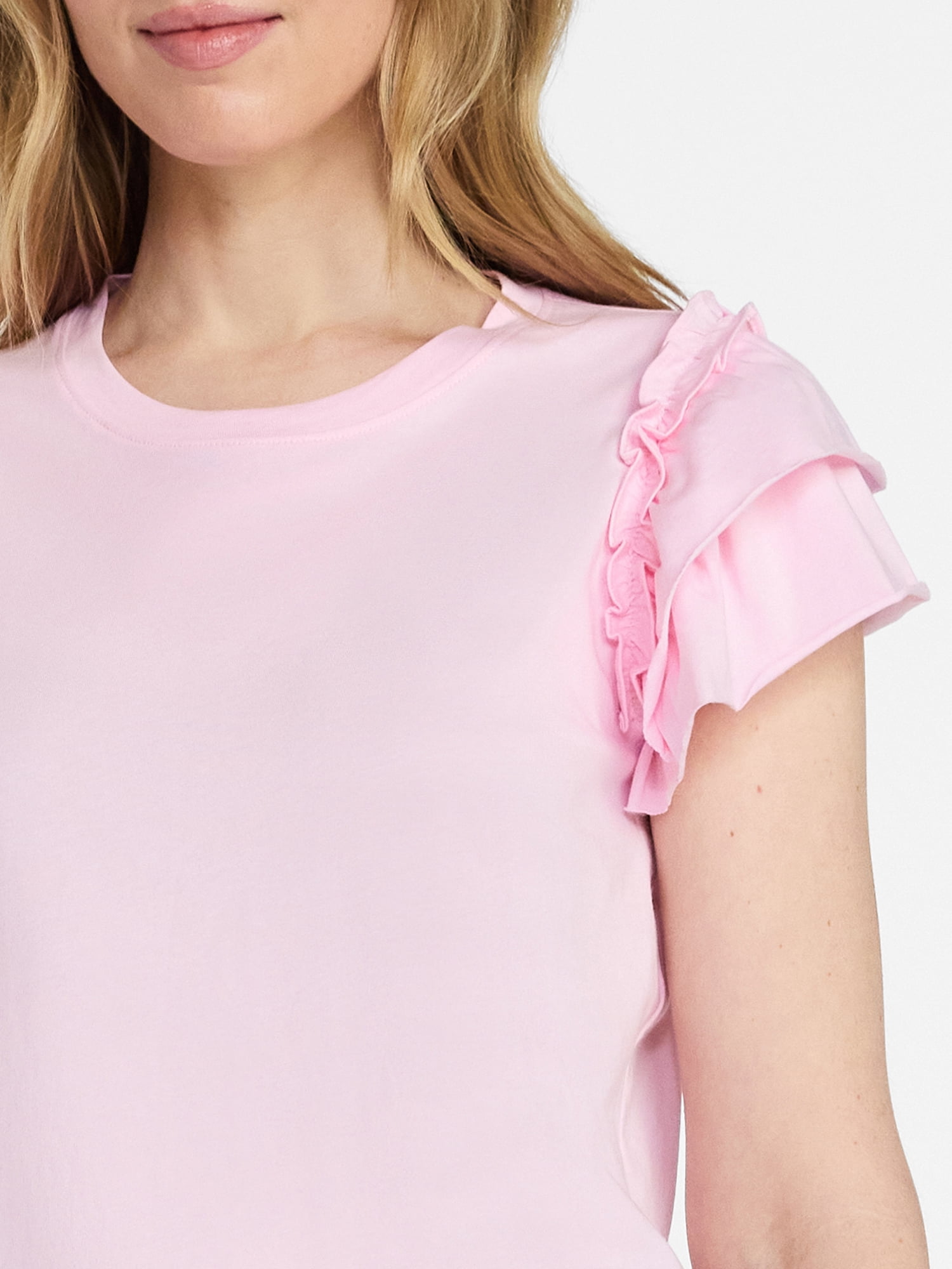 Time and Tru Women's Cotton Crewneck Tee with Ruffle Flutter Sleeves, Sizes XS-XXXL