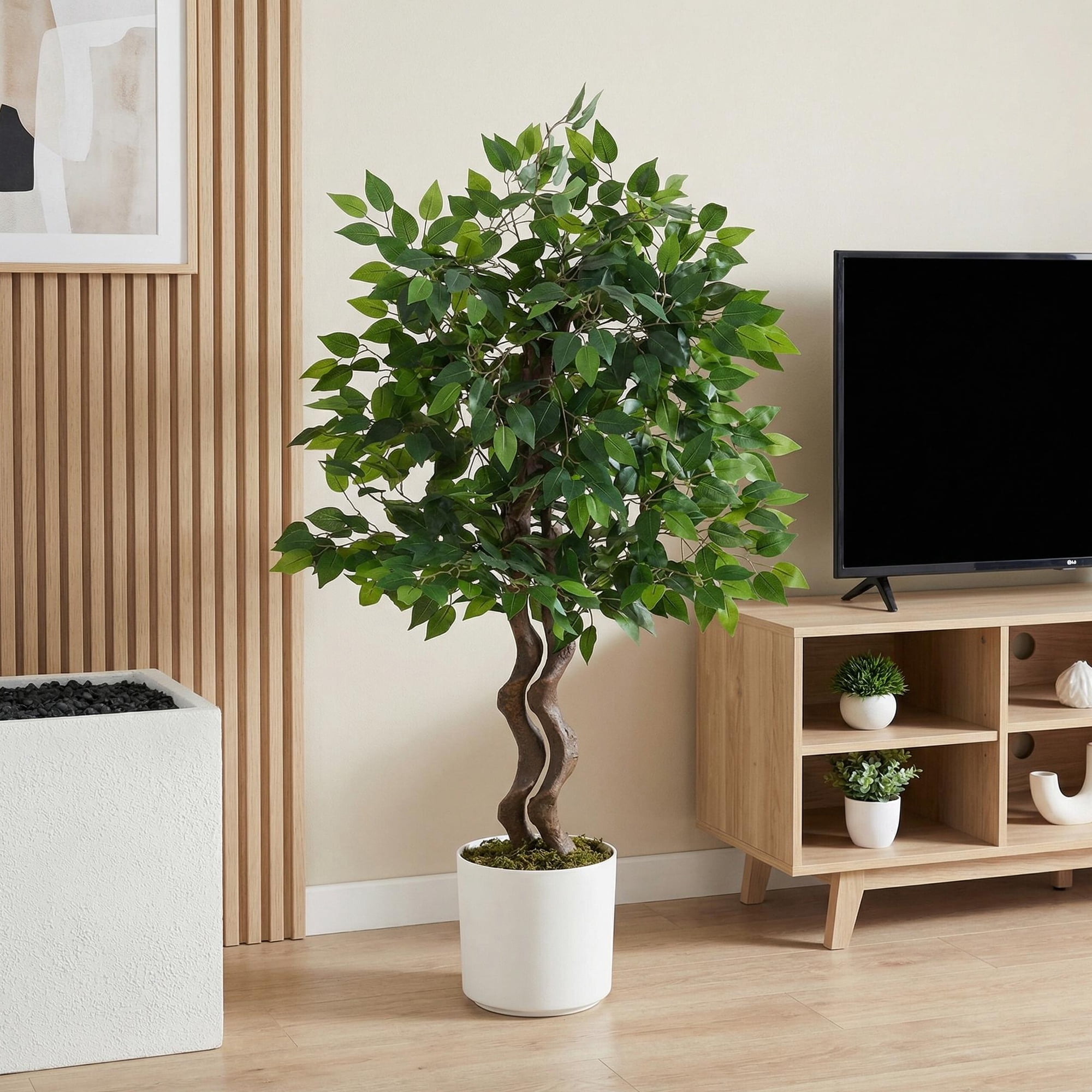 4ft Artificial Ficus Tree, Faux Banyan Tree Floor Plant with Realistic PVC Trunk and Full Dense Foliage, Indoor Home Office Living Room Decor