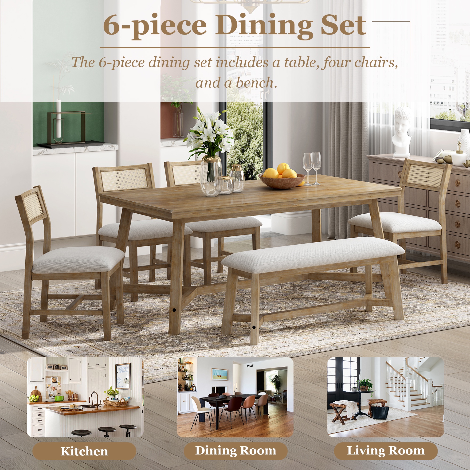 PORKISS 6-Piece Dining Room Set, Farmhouse Dining Table Set with Bench and 4 Upholstered Chairs, Natural