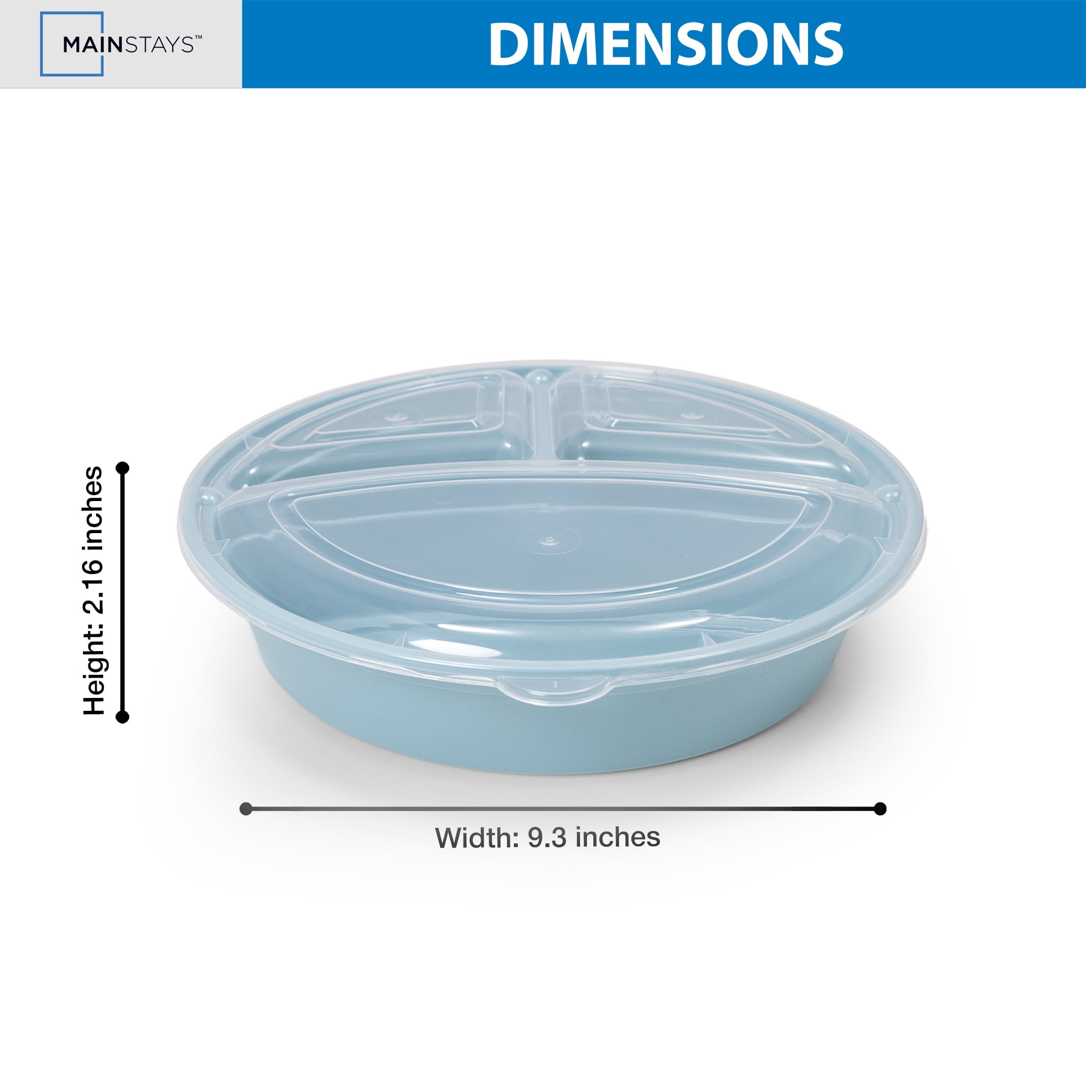 Mainstays 5-Pack 3-Compartment Round BPA-Free Plastic Meal Prep Food Storage Containers, 1L, Blue Cameo