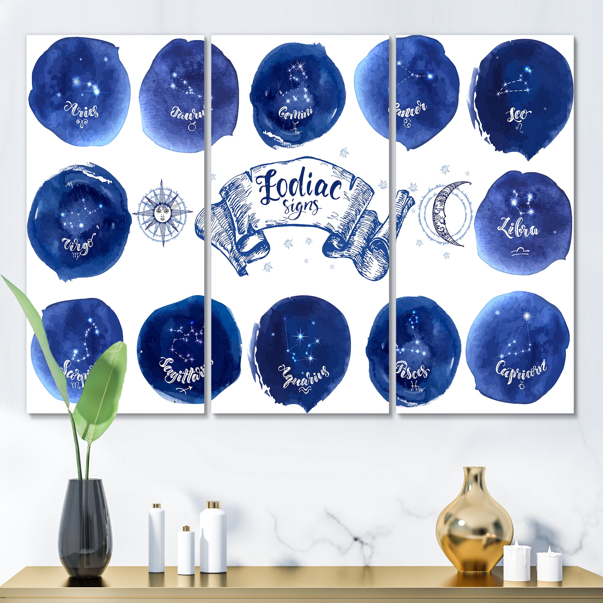 Designart ' Collection of Astrology Signs On Blue Circles ' Modern Canvas Wall Art Print