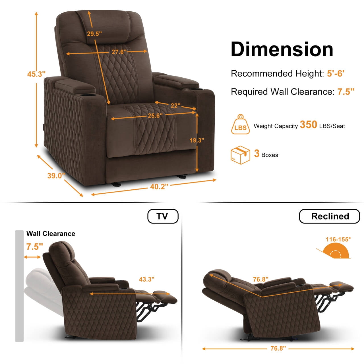 MCombo Power Recliner Chair with Power Headrest, LED Light, Armrest Storage for Living Room & Home Theater, Velvet, Brown