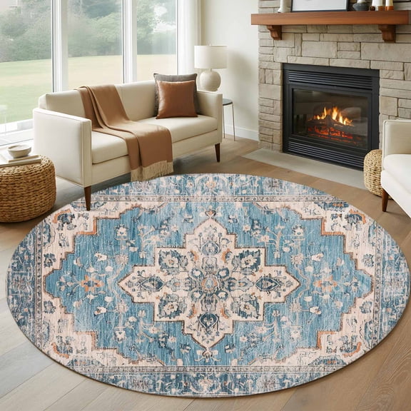 Blue Boho Round Area Rug 5 FT, Non Slip Bedroom Area Rug, Middle Century Abstract Art Western Geometric Washable Soft Circular Carpet Non-Shedding Floor Mat for Kitchen Dining Room Foyer Balcony Dorm
