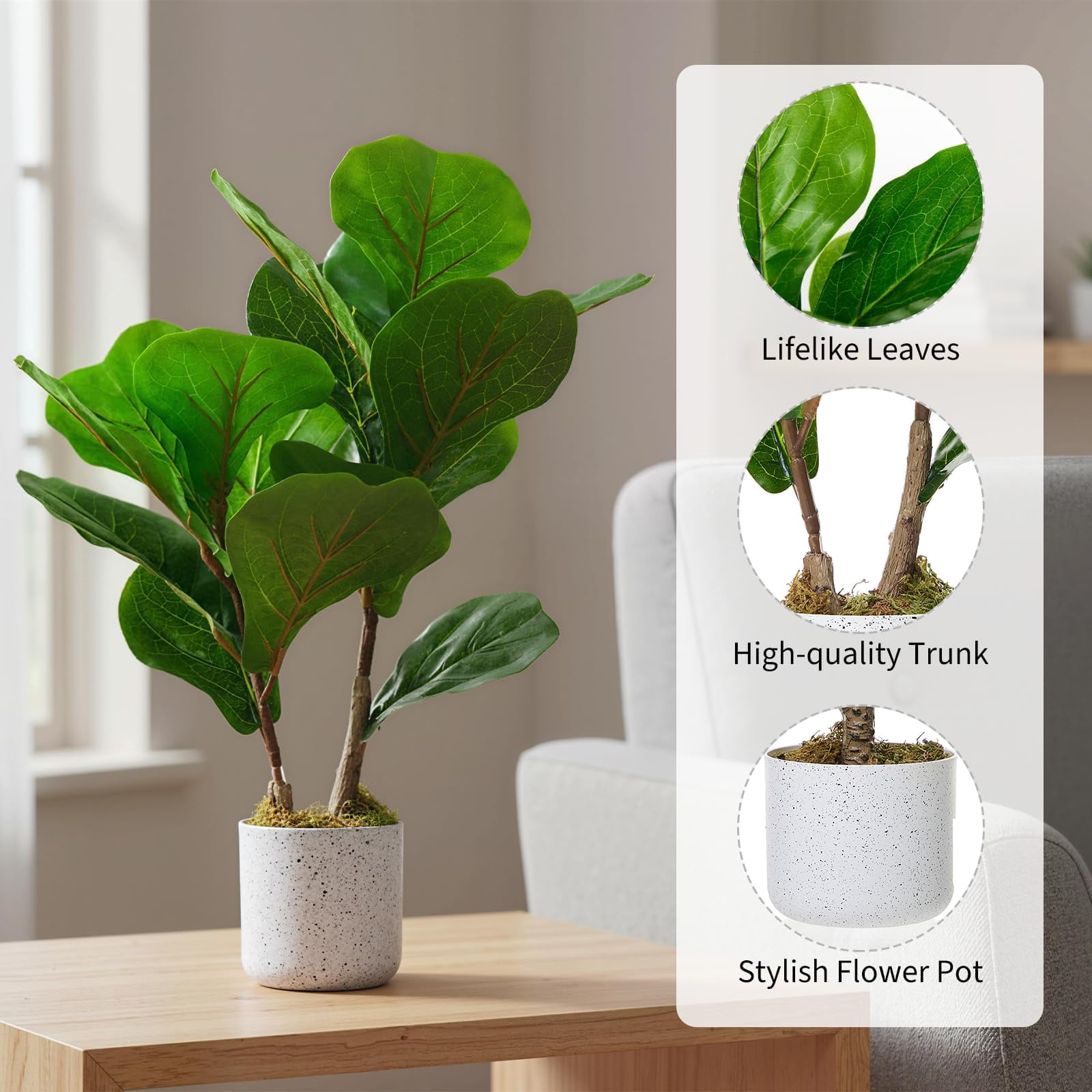 QinaQin 15.7" Faux Fiddle Leaf Fig Tree Indoor, 2 Pack Artificial Potted Ficus Trees with White Pots and Cement Moss Base, Small Fake Potted Ficus Plants with Realistic Leaves for Home Office Decor