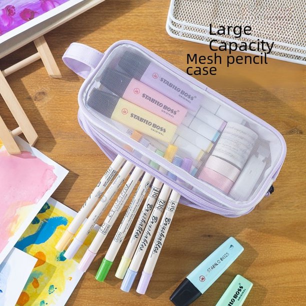 Estuche de malla transparente para lápices, portátil, para exámenes de estudiantes, para niños y niñas, gran capacidad, almacenamiento de papelería, estuche sencillo para lápices