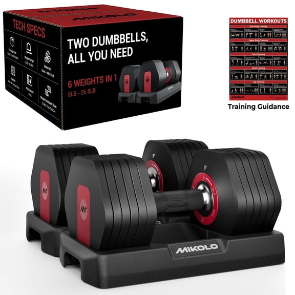 Mikolo 53LB(26.5LB*2) Adjustable Dumbbells Set of 2, 1-Sec Adjustable Weights Dumbbells Set, 5LB - 26.5LB 6 in 1 Free Dumbbell with Anti-Slip Texture Handle, Weight Set For Home Gym