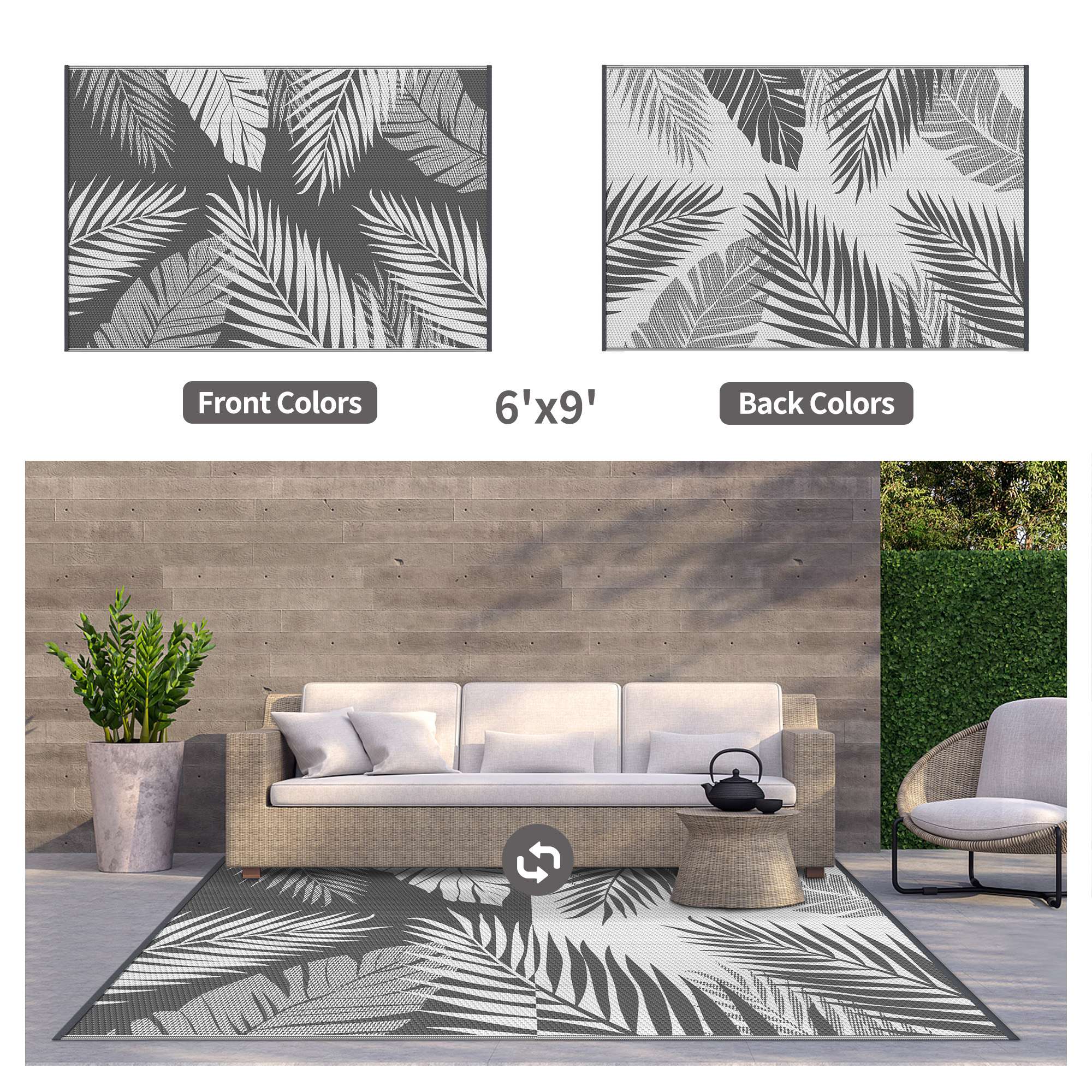 Deorab 6'x9' Waterproof Reversible Outdoor Rug, Gray photo 2