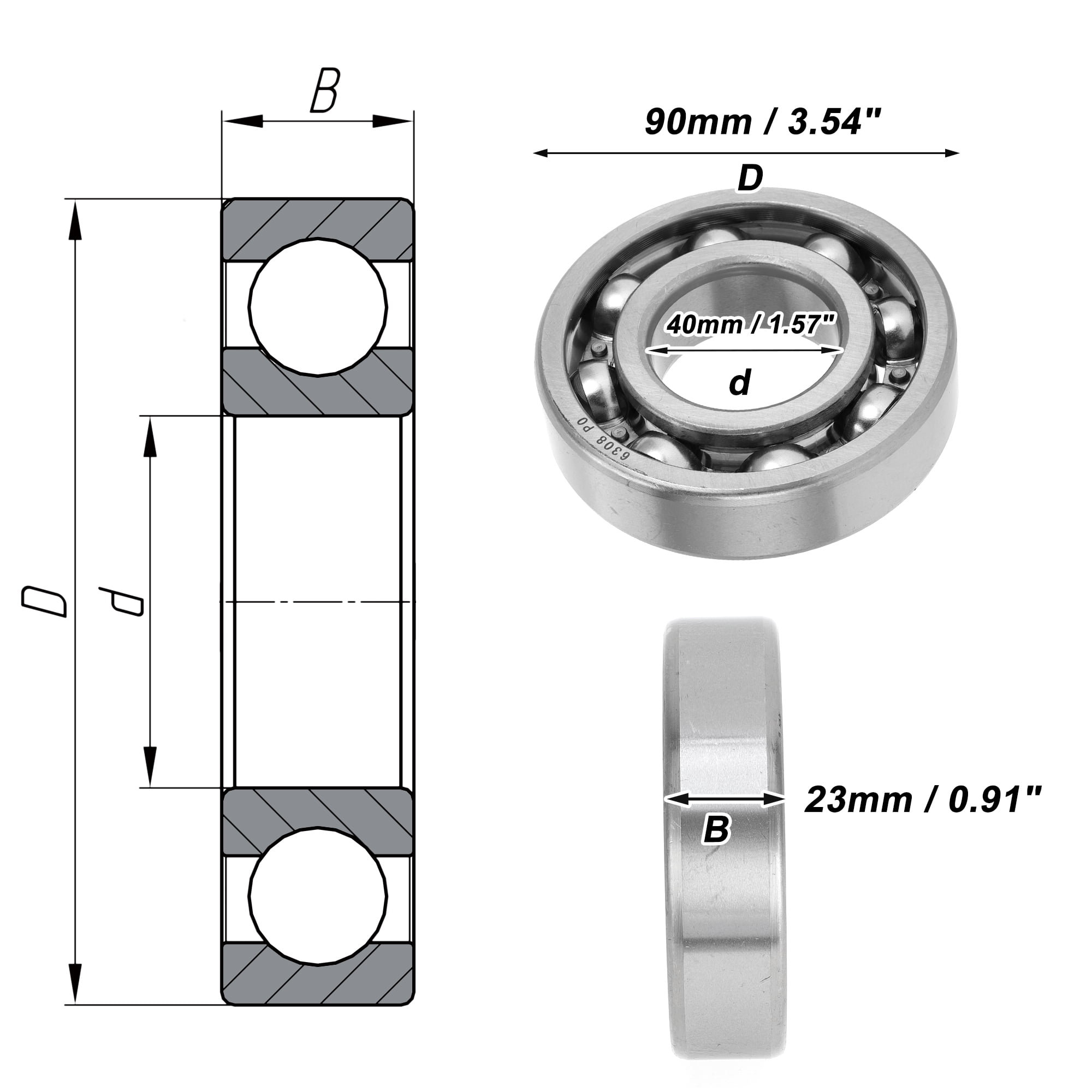 Unique Bargains 6308 Deep Groove Ball Bearings P0 40x90x23mm Lubricated Bearings Open Type Silver Tone Scooter Skateboard Wheel