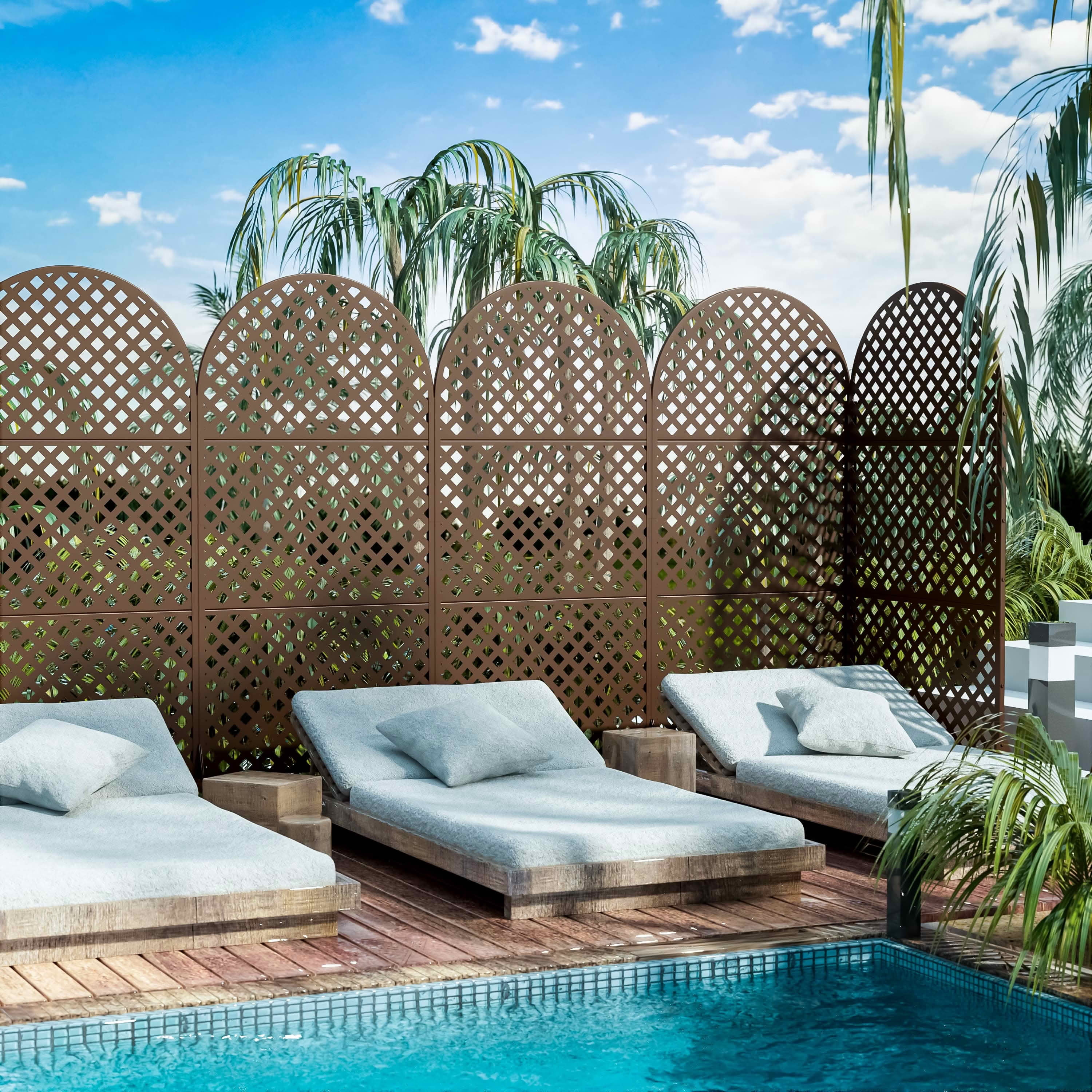 MAYEERTY 72x35x16 Inch Brown Diamond Arched Galvanized Steel Privacy Screen, 3 Piece Set for Outdoor Garden