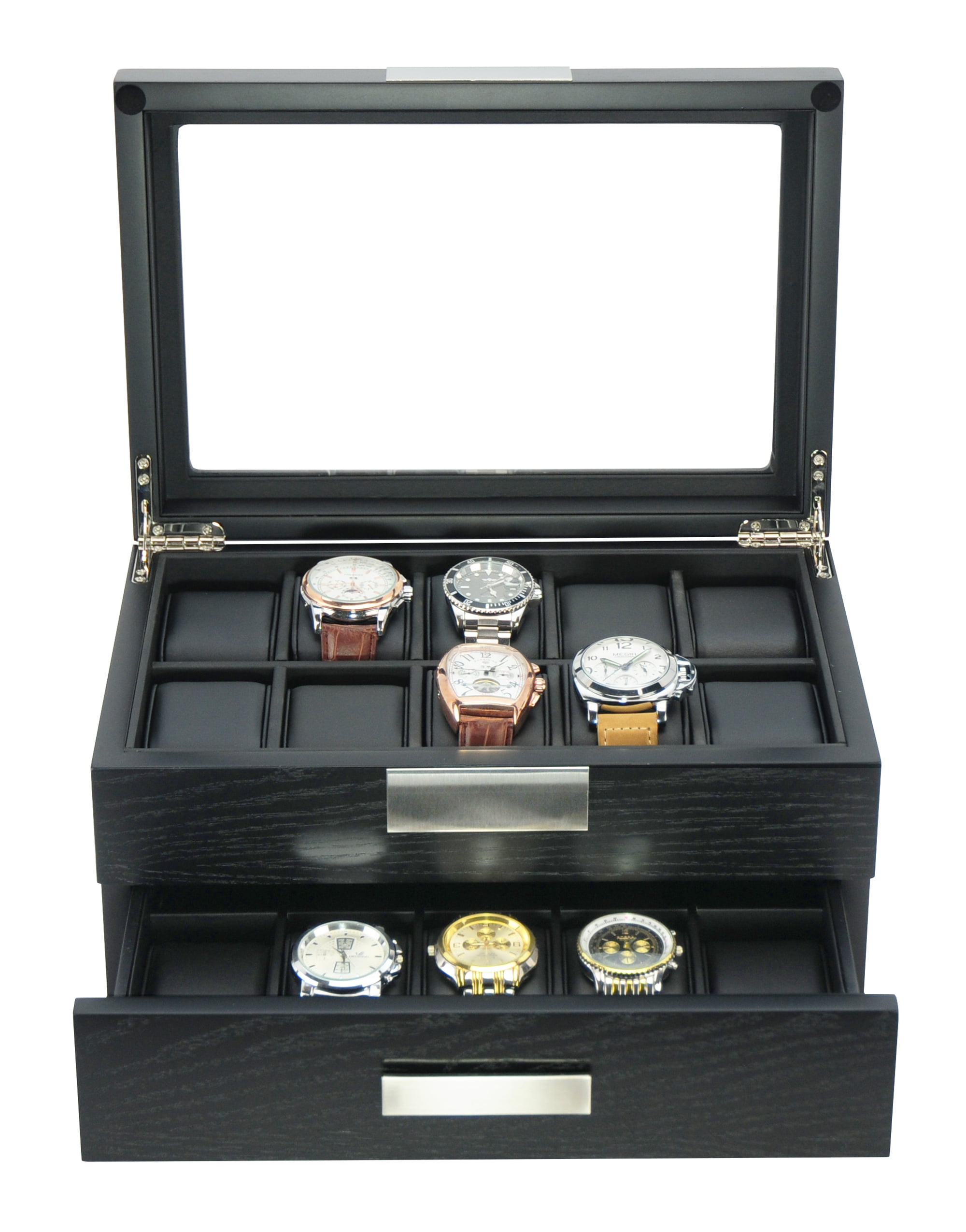 TimelyBuys 20 Black Wood Watch Box Display Case 2 Level Storage Jewelry  Organizer with Glass Top, Stainless Steel Accents, and Drawer