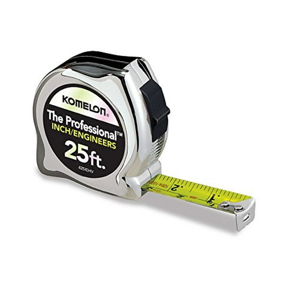 Komelon 425IEHV Haute Visibilité Ruban à Mesurer Professionnel Dérange Pouce et Échelle d'Ingénieur Imprimé 25 Pieds par 1 Pouce, Chrome
