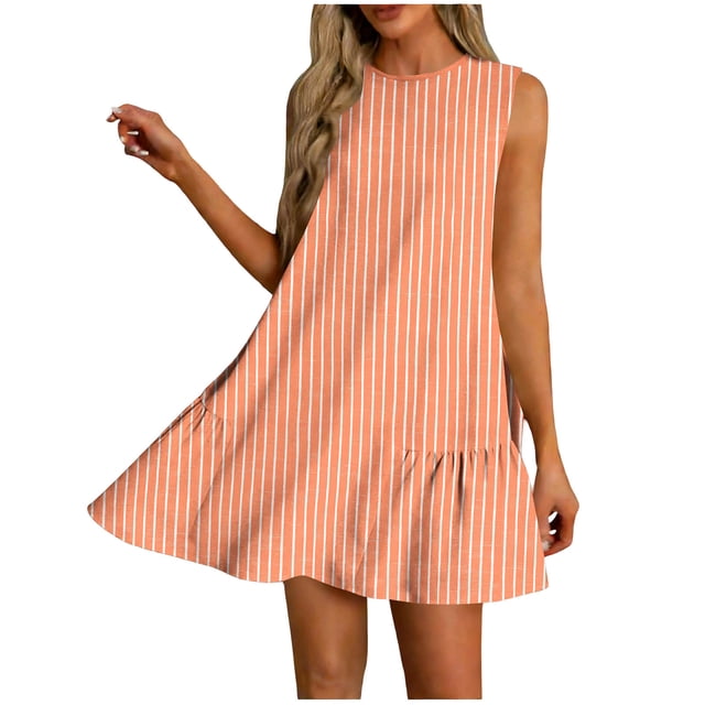 Vestido Corto para Mujeres Verano Moda Casual Impreso Lado Plisado Cuello Redondo Vestido sin Mangas para el Uso Diario
