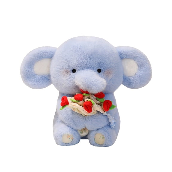 LEWEEN Blue Elephant Plush Toy Holding Roses, Valentines Day Bouquet Girl Gift Curtain Buckle, Soft Stuffed Toy for Kids Birthday Party Decor