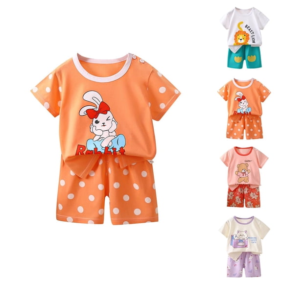 Girl Outfits Size 4-5Y Cartoon Designs Short Sleeve Crewneck Top and Polka Dot Shorts 2 Piece Girls' Clothing Sets