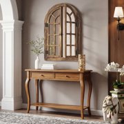 TEWLOSS Farmhouse Arched Wall Mirrors 36x24 Window Mirror Decor Wood Frame for Bathroom Bedroom, Natural