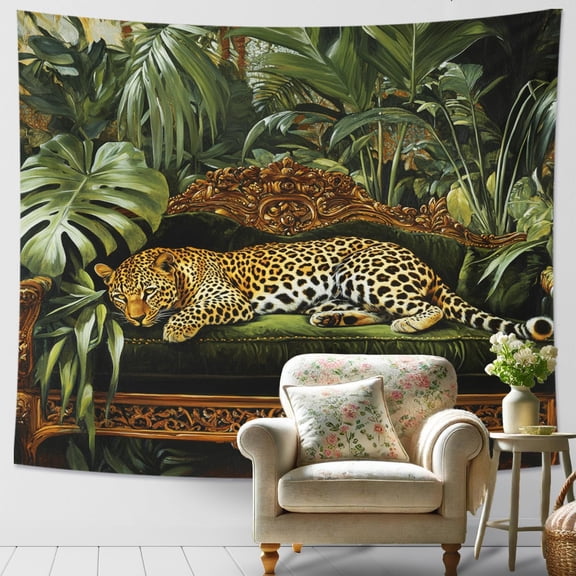 Leopard Tapestry, Green Jungle Decor Wall Hanging, Exotic Animal Pattern Aesthetic for Living Room, Bedroom, Nature Inspired, Indoor Wall Art 80x60 Inch