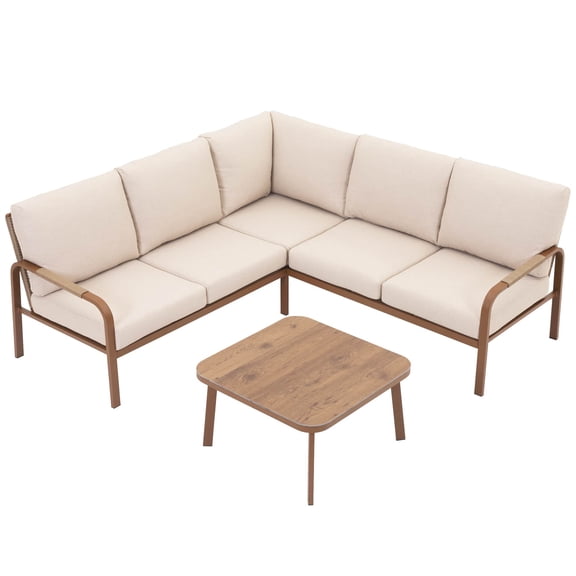 CozyJoy Aluminum Outdoor Corner Sofa Set with Coffee Table – Rattan Backrest Patio Lounge Furniture for Courtyard and Balcony,Beige