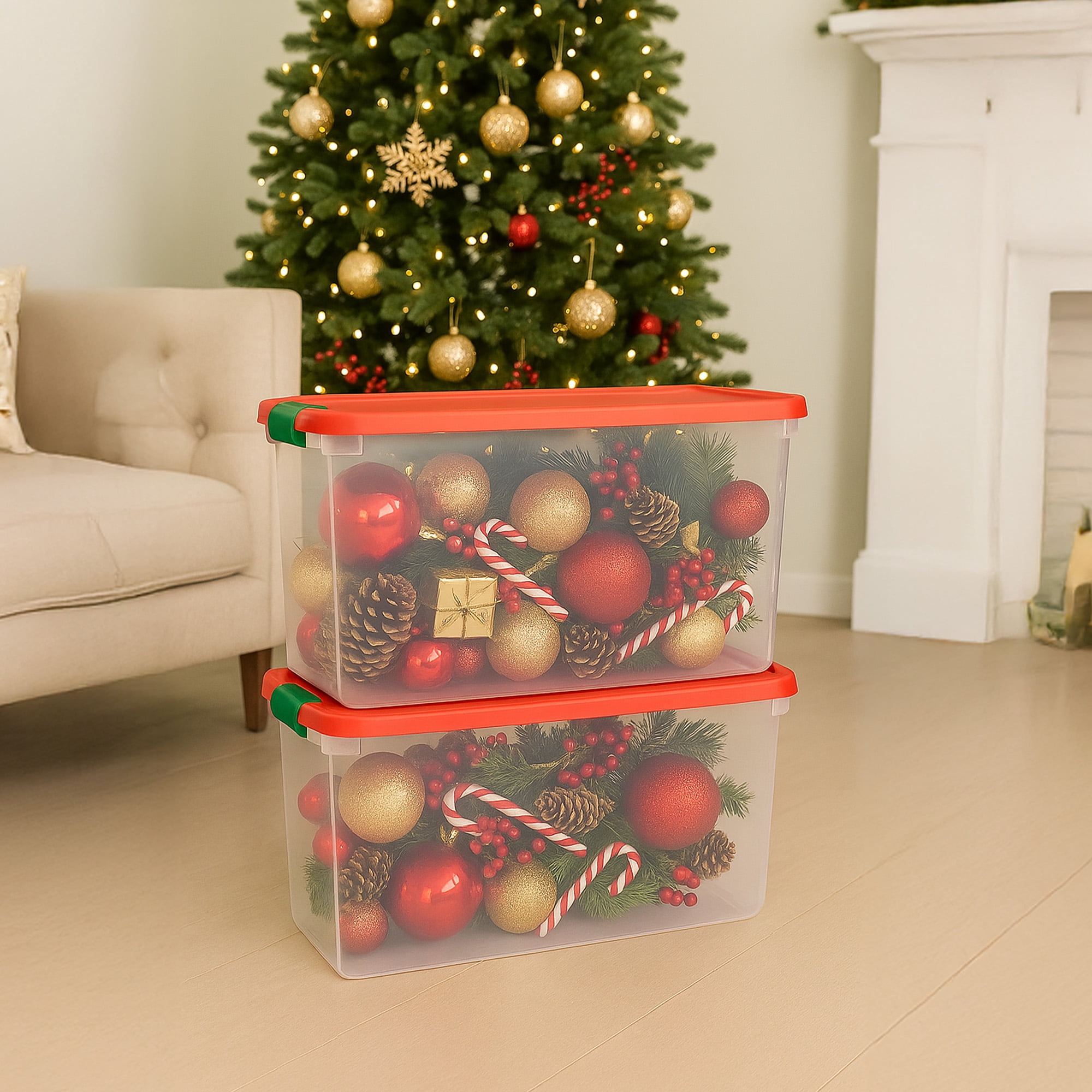 Homz Large 112 Qt Green & Red Lid Plastic Holiday Storage Tote Box