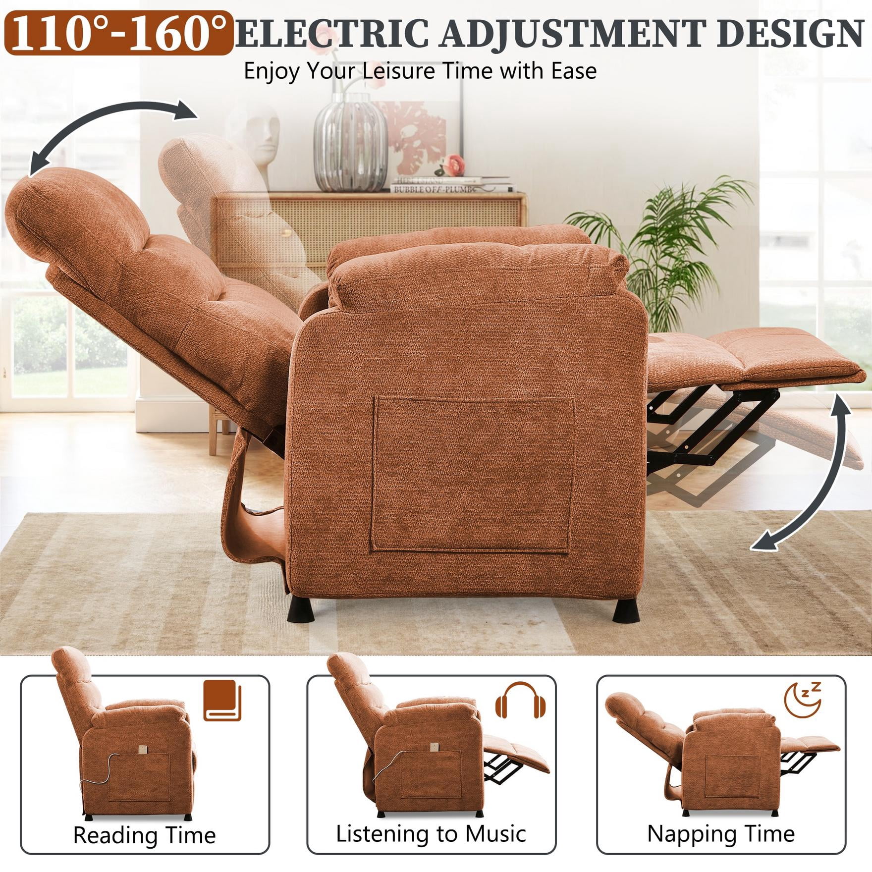 Power Recliner Chair Living Room with Adjustable Backrest and Footrest, Electric Recliner Chair for Adults(Chenille, Orange)