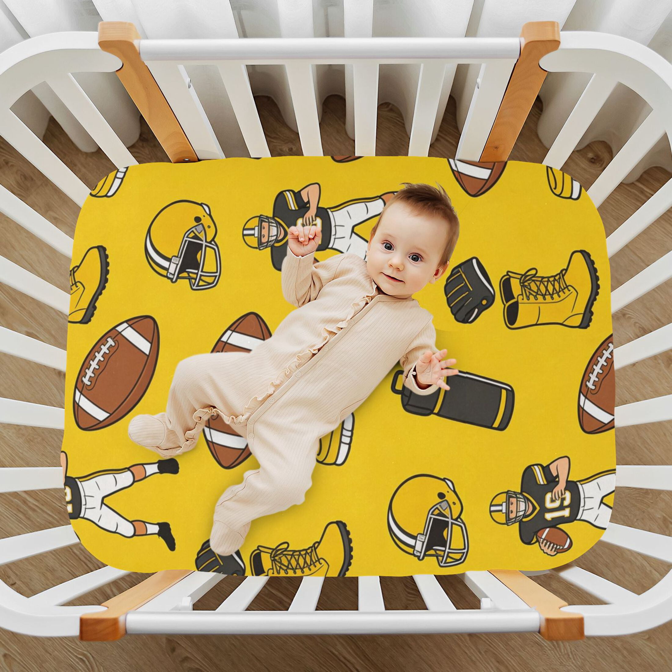 Baby Essentials 52”x 28”- Standard Cotton-like Modal Elastic- Yellow Rugby Ball Design Crib Sheets for Newborns and Toddlers