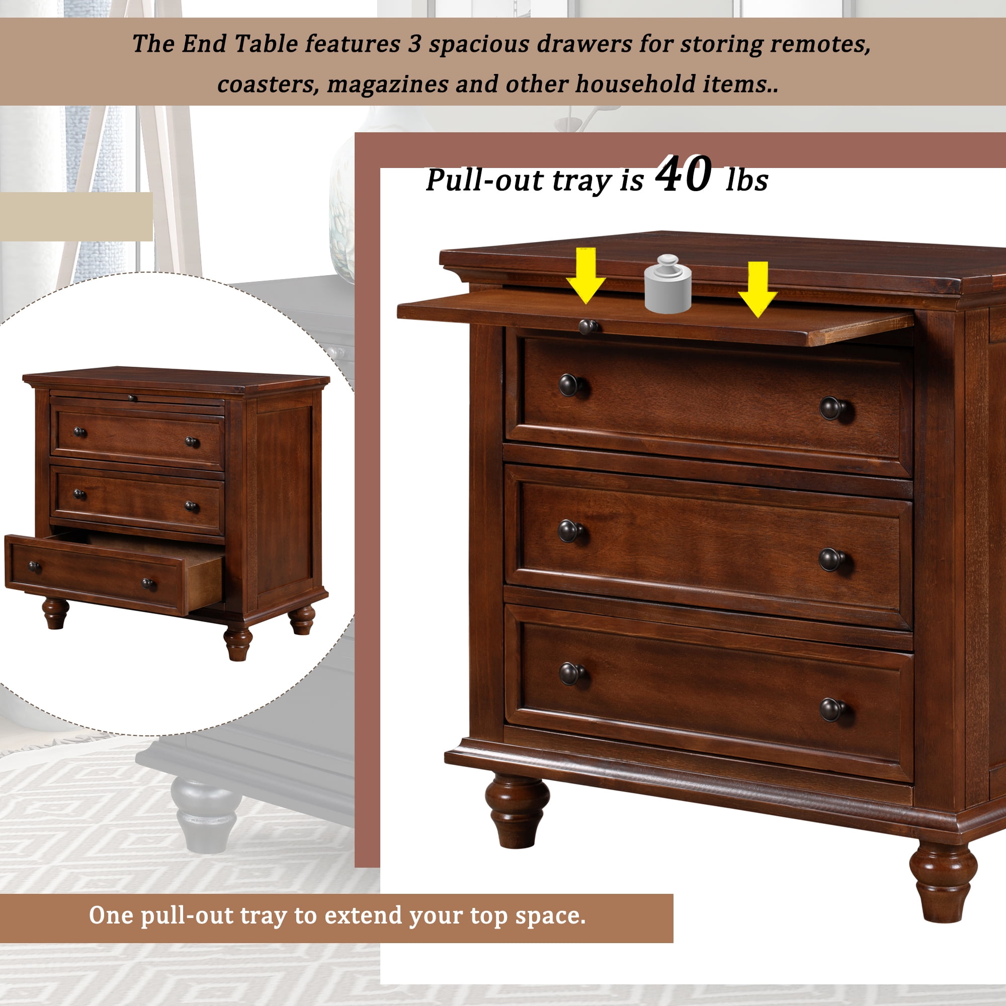 EUROCO Storage Wood Bedside Cabinet，Dresser End Table with Pull out Tray，Bedside Table with 3 Drawers,Rubber Wood Legs，Iron Handle and Solid Frame for Living Room Bedroom Entryway,Brown
