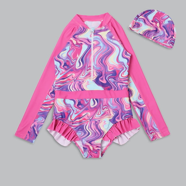 Little Girl Rash Guard Swimsuits Cute Print Long Sleeve Sun Protection Girls Swimwear Bathing Suit 4-5 Years