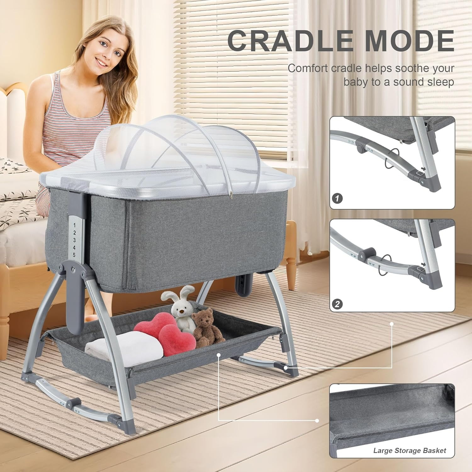 FlexWave 4-in-1 Adjustable Baby Bassinet, Foldable Bedside Sleeper, Portable Infant Crib，with Breathable Mesh, Secure Strap, Rocking Feature, Height Adjustable, for Newborn Comfort and Safety