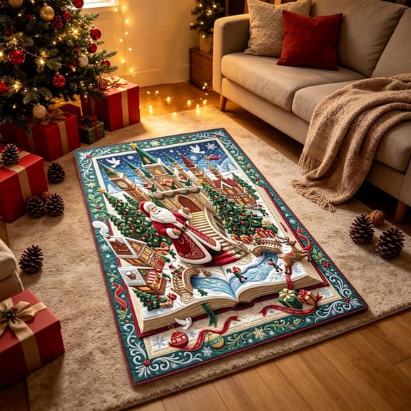 Cififendec Oversized Christmas 3D Visual Area Rug, 31.5"×19.68", Vintage Santa Themed Embossed Floor Mat for Xmas Living Room Floor Laying