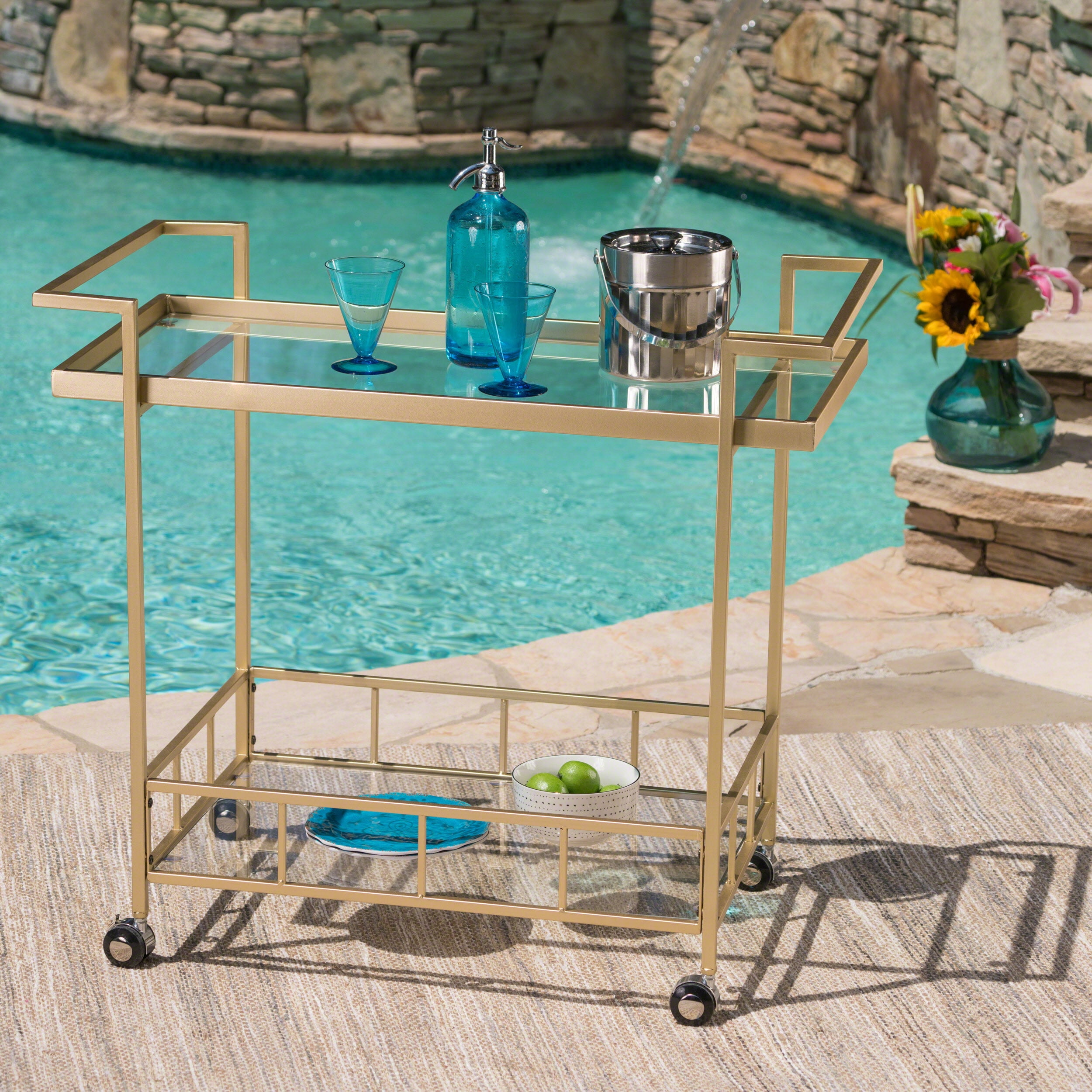 Outdoor Industrial Iron and Glass Bar Cart, Gold